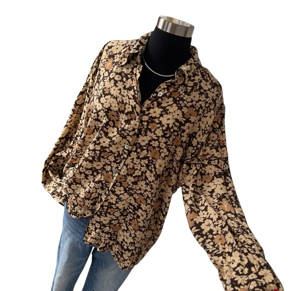 Vintage New Age 70s brown floral button up long sleeved viscose shirt - Picture 3 of 12